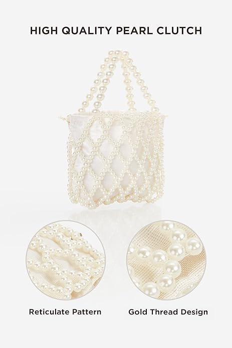 BABEYOND Women Pearl Clutch Purse - Bucket Beaded Bridal Evening Bag Formal Reticulated Bag with Inner Bag for Party Wedding