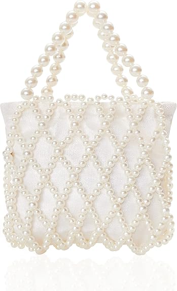BABEYOND Women Pearl Clutch Purse - Bucket Beaded Bridal Evening Bag Formal Reticulated Bag with Inner Bag for Party Wedding