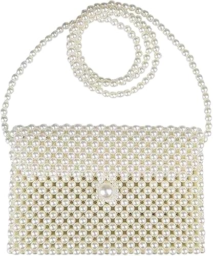 FUNDI White Pearl Purse Shoulder Bag for Women Purse Pearl Beaded Clutch Bag Crossbody Beaded Clutch Evening Bag for Prom Party Wedding Date